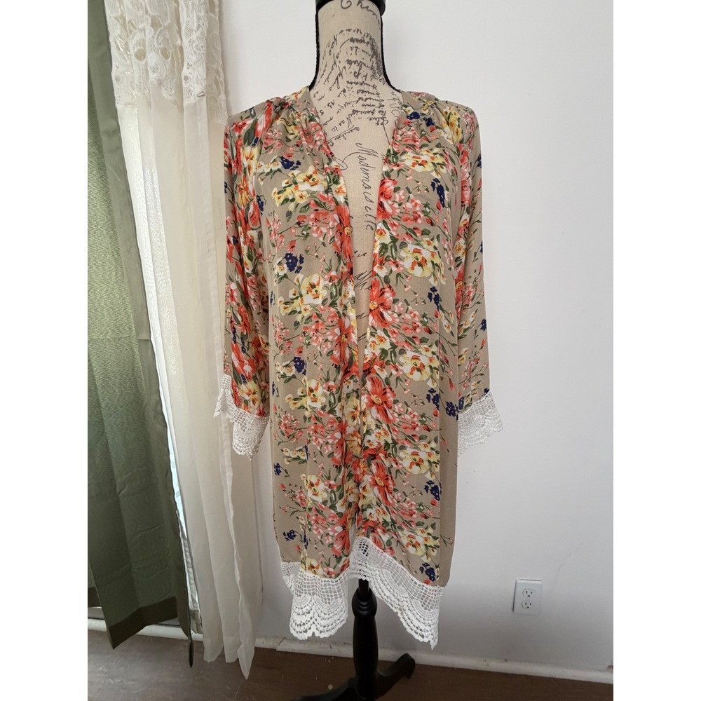 Relipop Kimono Duster Women's OS Tan Floral Lace Trim Resort Beach Swim Coverup